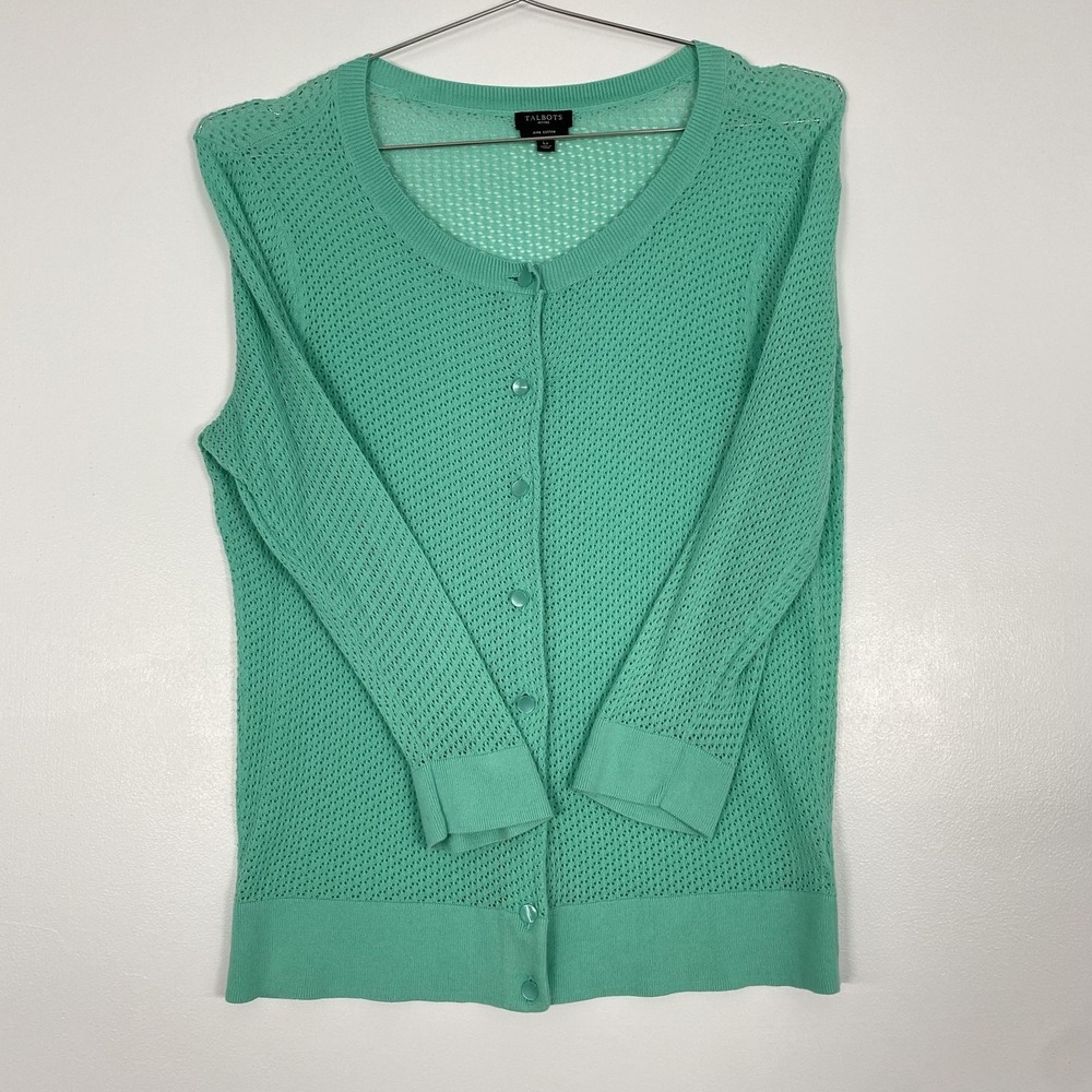 Talbots Cardigan Sweater Womens Large Petite Green Cotton Button Knit 3/4 Sleeve